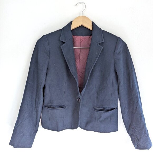 Vintage Larry Levine Crop Navy Blue Tailored Fitted Blazer, One Button Jacket - Picture 1 of 6